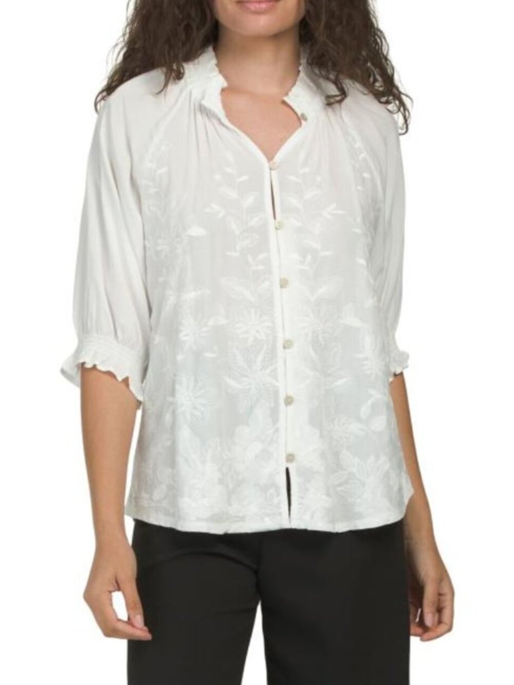 DEMOCRACY Above The Elbow Puff Sleeve Button Down Top